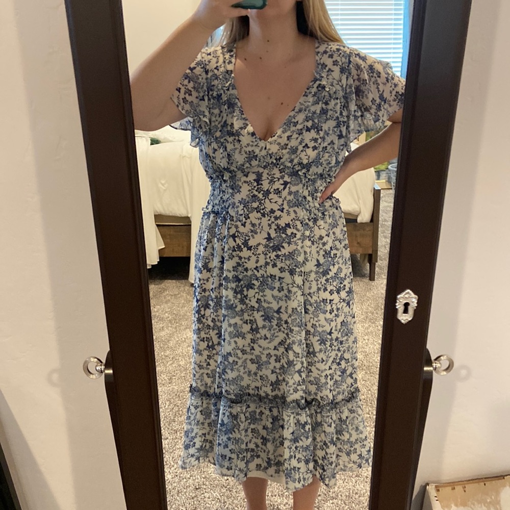 Blue and White Floral Midi Dress